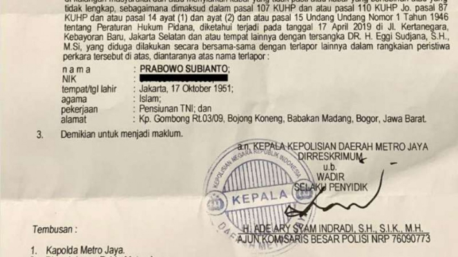 Surat Perintah Dimulainya Penyidikan (SPDP) terhadap pelapor Prabowo Subianto.