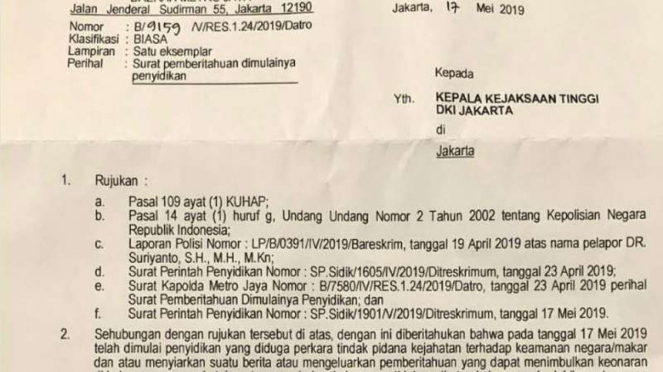 Surat Perintah Dimulainya Penyidikan (SPDP) terhadap pelapor Prabowo Subianto.