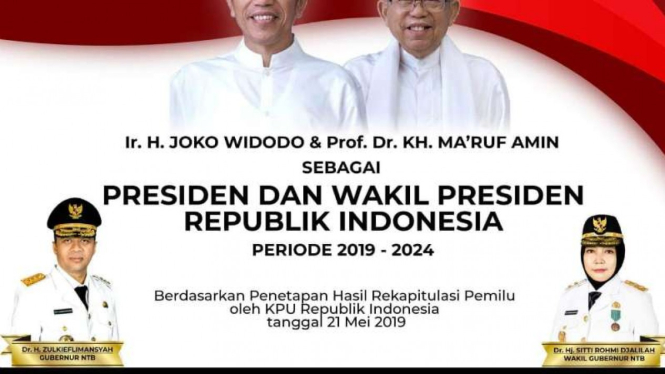 Poster digital ccapan selamat Gubernur Nusa Tenggara Barat Zulkieflimansyah untuk pasangan calon presiden dan wakil presiden Joko Widodo-Ma'ruf Amin.
