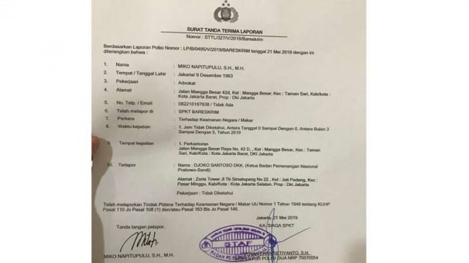 Ketua BPN Djoko Santoso dilaporkan kasus makar 