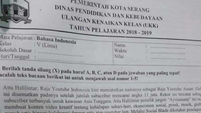 Lembar soal UKK di Serang Banten ada pertanyaan soal Atta Halilintar