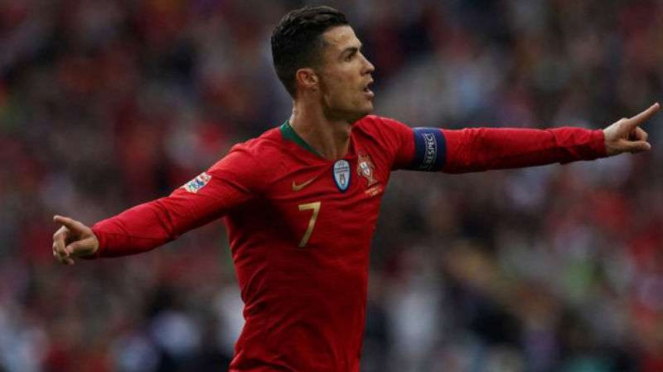 Kapten Portugal, Cristiano Ronaldo, rayakan gol.