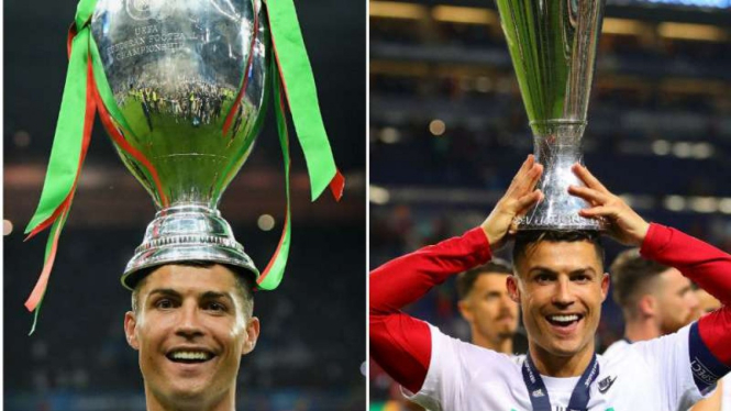 Kapten Portugal, Cristiano Ronaldo, dengan trofi UEFA Nations League