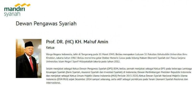 KH Ma'ruf Amin tercacat sebagai Dewan Pengawas Syariah pada Bank Mandiri Syariah