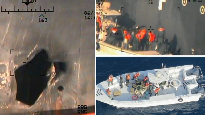 Foto-foto yang dirilis Pentagon diklaim memberi bukti bahwa Iran berada di balik serangkaian serangan di Teluk Oman. - US Department of Defense