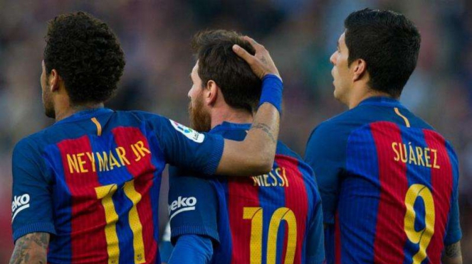 Neymar saat masih membela Barcelona, bersama Lionel Messi dan Luis Suarez