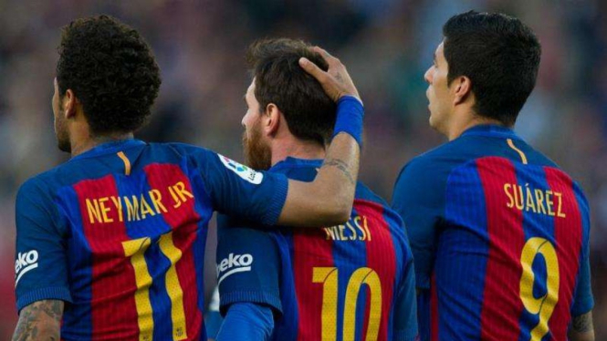 Neymar saat masih membela Barcelona, bersama Lionel Messi dan Luis Suarez