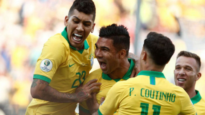 Selebrasi gol para pemain Brasil di Copa America 2019.