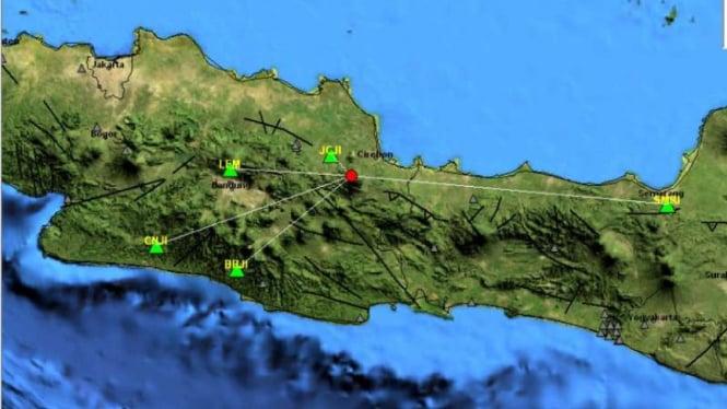 Peta gempa tektonik yang mengguncang Majalengka, Kuningan dan Cirebon.