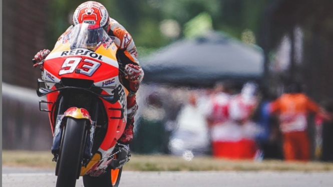 Pembalap Repsol Honda, Marc Marquez saat turun di MotoGP Jerman