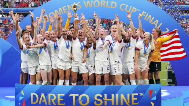Selebrasi pemain Timnas Wanita Amerika Serikat usai juara Piala Dunia 2019