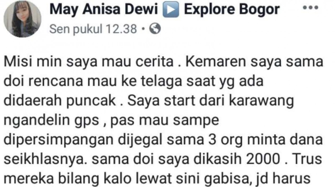Wisatawan unggah ke FB soal pemalakan di daerah Bogor, Jawa Barat.