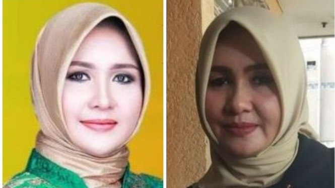 Yang kiri adalah foto Evi Epita Maya yang dipakai saat pemilu anggota DPD Nusa Tenggara Barat. Foto kanan adalah ketika ditemui wartawan Kompas pada 14 Mei 2019. - KPUD NTB/KOMPAS.COM