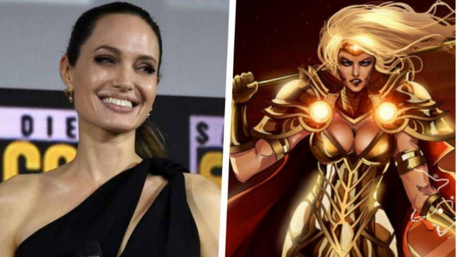 Angelina Jolie dan karakter yang ia perankan di The Eternals, Thena.