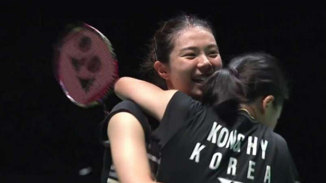 Kim/Kong selebrasi kemenangan final Japan Open 2019.