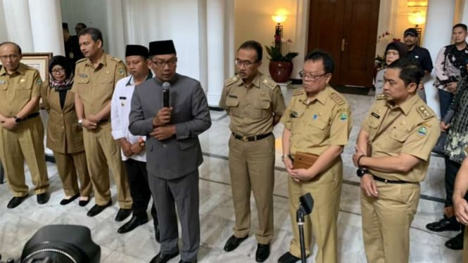 Gubernur Jawa Barat Ridwan Kamil dalam konferensi pers di Gedung Sate, Kota Bandung, Selasa, 30 Juli 2019.