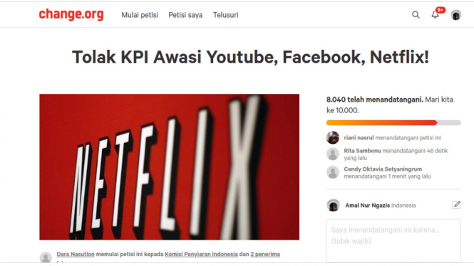 Petisi Tolak KPI awasi YouTube, Facebook dan Netflix.