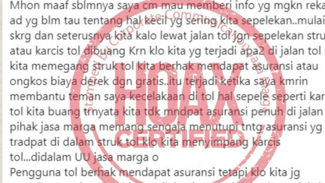 Informasi struk jalan tol untuk asuransi dan derek gratis ternyata hoax.