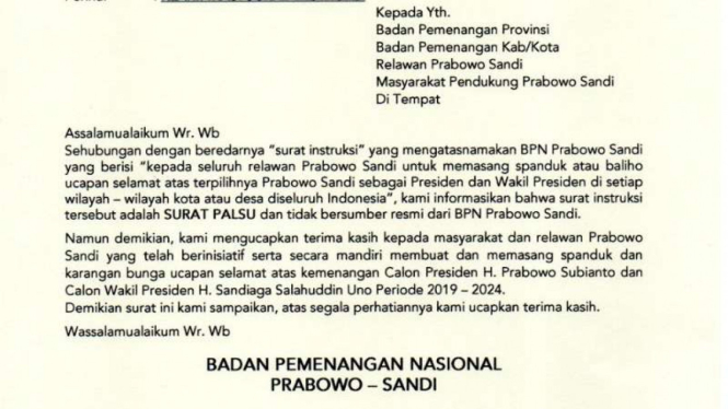 Hoax, perintah pemasangan spanduk oleh Badan Pemenangan Nasional Prabowo-Sandi.