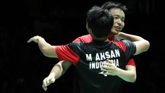 Ekspresi kemenangan Hendra Setiawan/Mohammad Ahsan