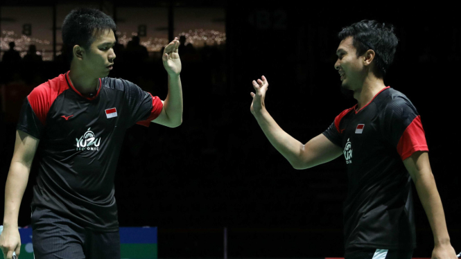 Ekspresi kemenangan Hendra Setiawan/Mohammad Ahsan