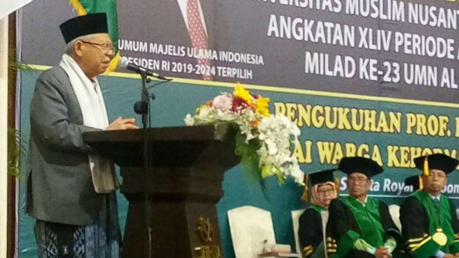 Wakil Presiden terpilih Ma’ruf Amin saat menghadiri upacara wisuda Universitas Muslim Nusantara Al-Washliyah di Kota Medan, Sumatera Utara, Kamis, 29 Agustus 2019.