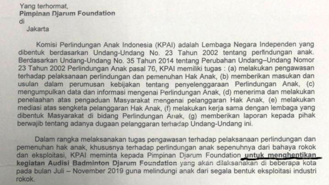 Isi surat teguran KPAI kepada Djarum Foundation terkait Audisi Umum Bulutangkis