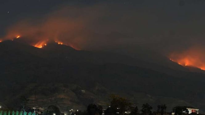 Kobaran api kebakaran hutan lereng Gunung Merbabu terlihat dari Selo, Boyolali 