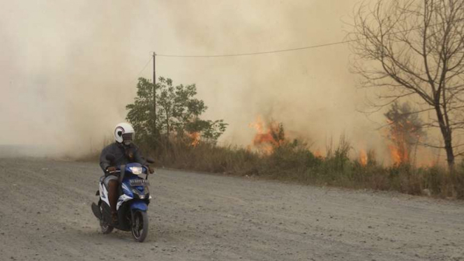 Pengendara roda dua melintas di samping api yang membakar lahan gambut di Jalan Tegal Arum kawasan Syamsudin Noor, Banjarbaru, Kalimantan Selatan, Jumat (13/9/2019). Kabut asap juga melanda Kotawaringin Timur, Kalimantan Tengah.