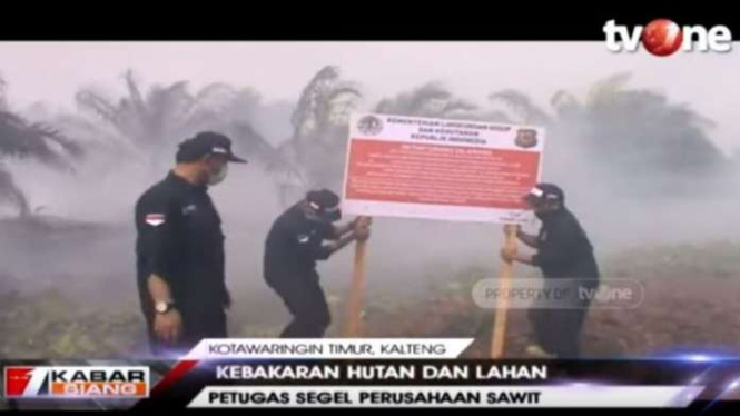 Penyegelan lahan perkebunan kelapa sawit yang terbakar di Desa Bagendang Permai, Kecamatan Mentaya Hilir Utara, Kabupaten Kotawaringin Timur, Kalimantan Tengah.