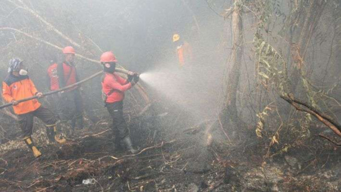 Satgas Karhutla Riau terus berupaya melakukan pemadaman di tengah pekatnya asap kebakaran lahan gambut yang terbakar di Desa Rimbo Panjang, Kabupaten Kampar, Riau, Senin (16/9/2019). Kebakaran hutan dan lahan itu menyebabkan kabut asap.