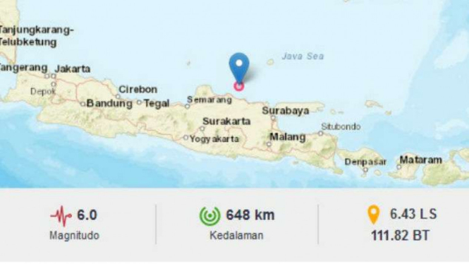 Gempa bumi magnitudo 6,0 mengguncang wilayah Tuban, Jawa Timur.