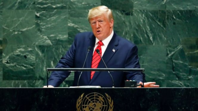 Presiden AS Donald Trump berbicara dalam Sidang Majelis Umum PBB di New York, AS, Selasa (24/9/2019).