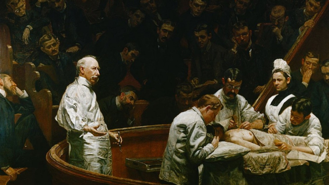 This oil is The Agnew Clinic (1889), by Thomas Eakins, which is compared to The Clinic of Gross because it represents a cleaner operating room, with participants in "white coats." Later, hygienic measures would become more drastic - Getty Images