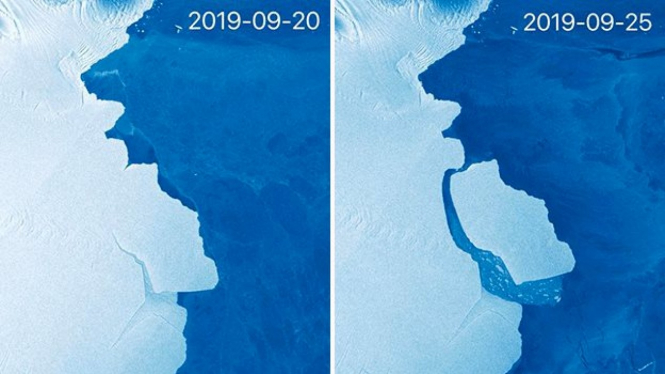 Sistem satelit Uni Eropa, Sentinel-1 memfoto keadaan sebelum dan sesudah pemisahan gunung es. - COPERNICUS DATA/SENTINEL-1/@STEFLHE