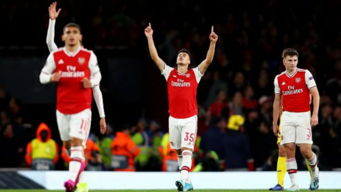 Striker Arsenal, Gabriel Martinelli, merayakan golnya