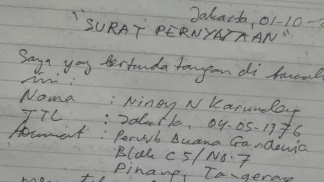 Surat pernyataan Ninoy pendukung Jokowi