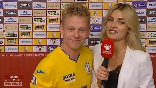 Reporter tv Ukraina, Vlada Sedan bersama bek Manchester City, Oleksandr Zinchenk