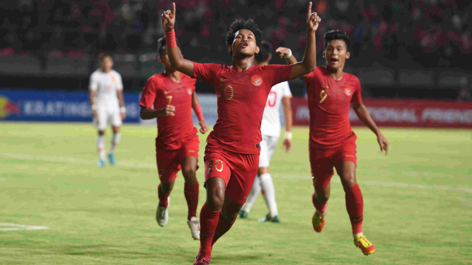 Selebrasi bomber timnas Indonesia U-19, Bagus Kahfi mencetak gol