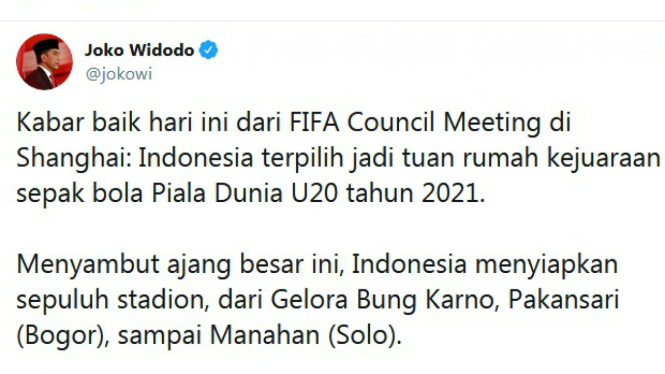 Cuitan Presiden Joko Widodo soal Indonesia tuan rumah Piala Dunia U-20 2021