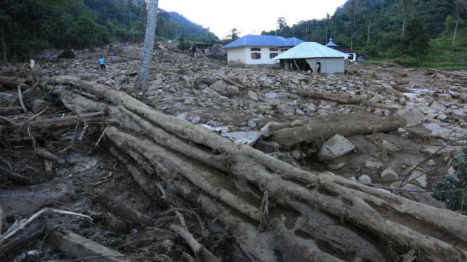 Material lumpur, bebatuan, dan potongan-potongan kayu dampak banjir bandang di Kabupaten Solok Selatan, Sumatera Barat.