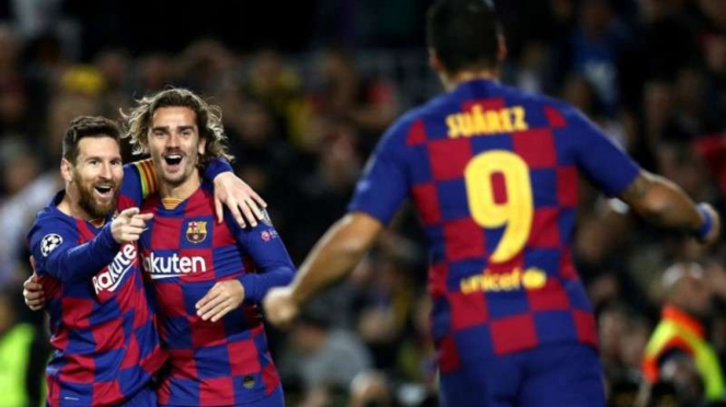 Trio penyerang Barcelona, Lionel Messi, Luis Suarez, dan Antoine Griezmann
