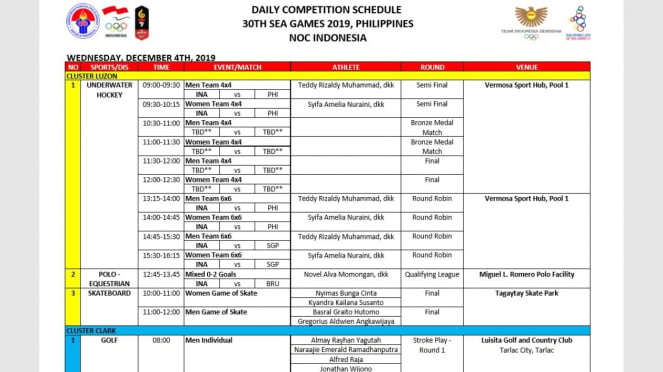 Jadwal pertandingan Kontingen Indonesia di SEA Games, Rabu 4 Desember 2019