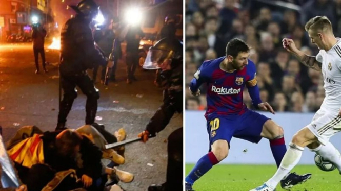 Bentrokan polisi dengan massa di sekitar Camp Nou saat laga El Clasico.