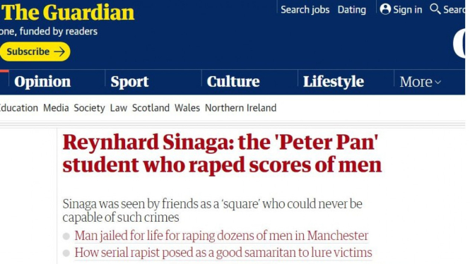 Salah satu berita yang diterbitkan The Guardian soal Reynhard Sinaga. - Guardian