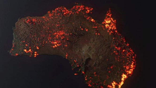 Peta ini dianggap seolah foto satelit dari benua Australia yang terbakar, padahal hanyalah sebuah ilustrasi 3 dimensi
