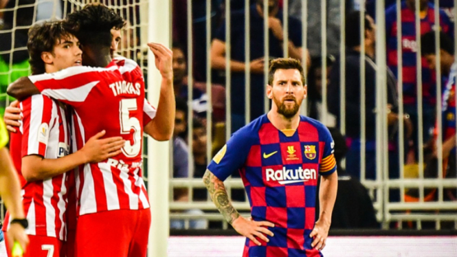Ekspresi Lionel Messi saat pemain Atletico Madrid cetak gol.