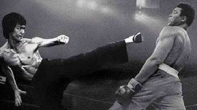 Ilustrasi pertarungan Bruce Lee vs Muhammad Ali.