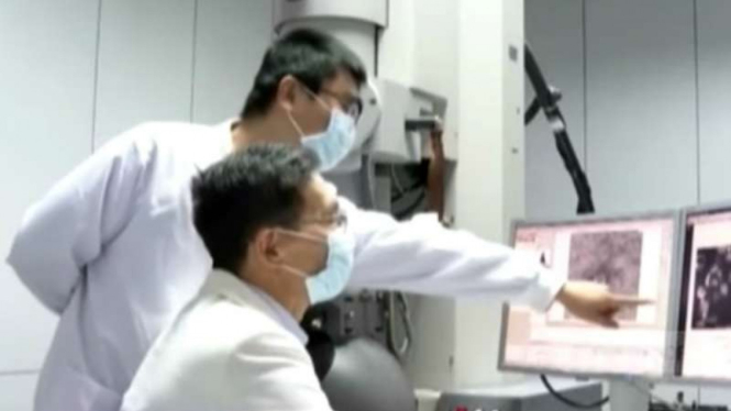 Tim ahli China mengamati melalui layar komputer satu sampel virus corona