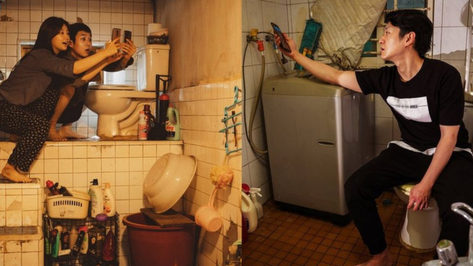 Kamar mandi keluarga Kim di film Parasite (kiri) menggambarkan kehidupan Oh (kanan). - CJENM/BBC